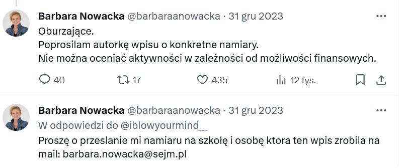 Barbara Nowacka zareagowała na wpis uczennicy.