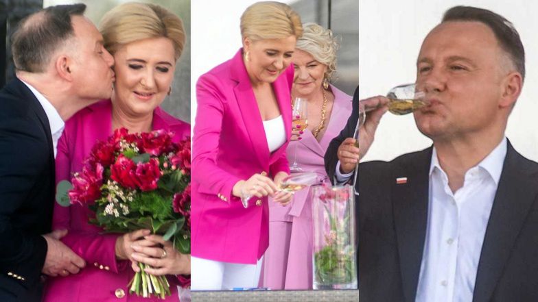 Agata Duda podlewa szampanem tulipana "Agatę Dudę"