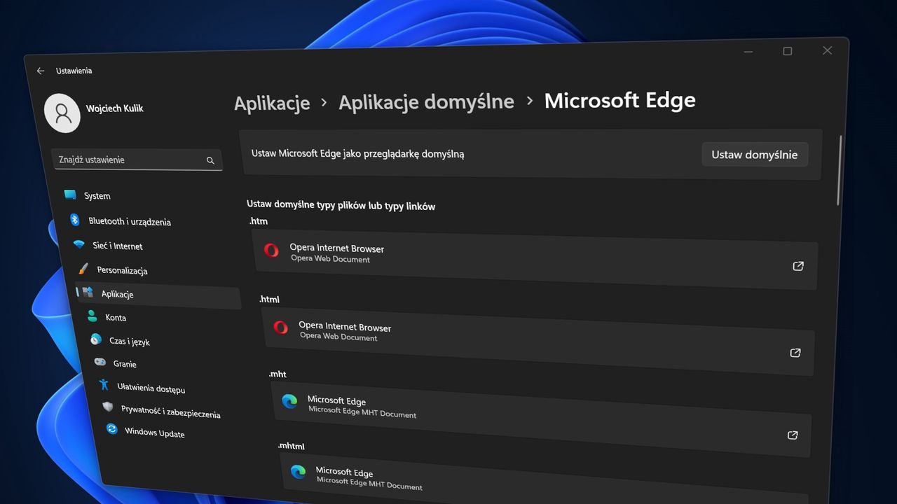 Sekcja aplikacji domyślnych w Ustawieniach Windows 11