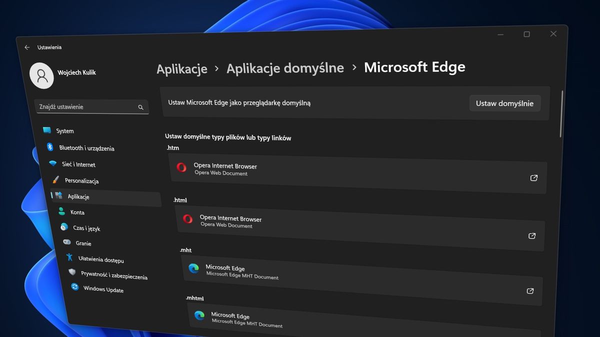Sekcja aplikacji domyślnych w Ustawieniach Windows 11
