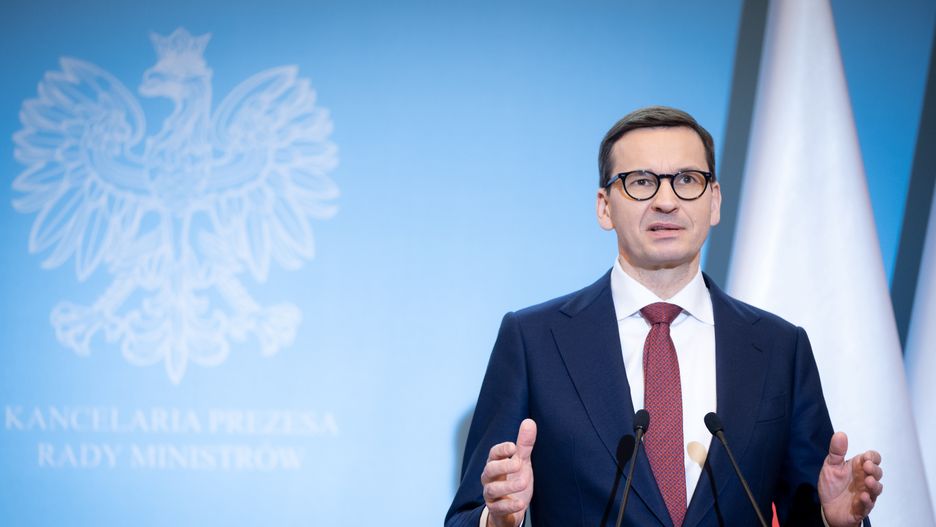 Polish Prime Minister Mateusz Morawiecki joint press conference with Dutch Prime Minister Mark Rutte at the Chancellery in Warsaw, Poland, on March 21, 2022. (Photo by Mateusz Wlodarczyk/NurPhoto via Getty Images)