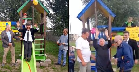 Nagranie hitem sieci. Wójt i proboszcz testują zjeżdżalnię