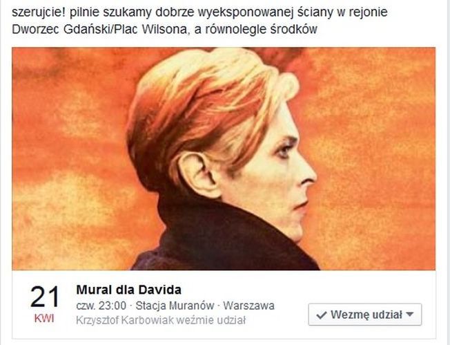 Upamiętnią wizytę Bowiego w Warszawie. Powstanie mural