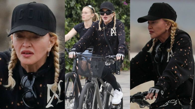 Naturalna Madonna w warkoczykach przemierza Barcelonę na rowerze (ZDJĘCIA)