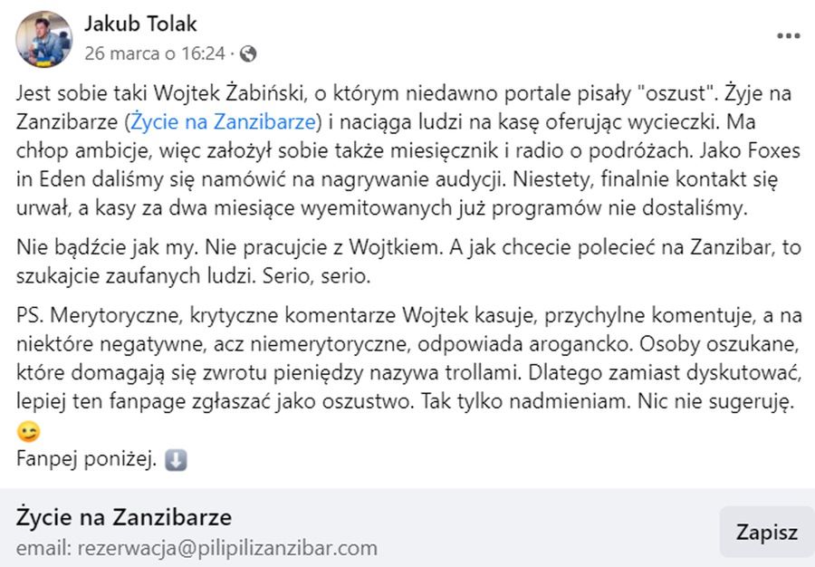 Jakub Tolak oskarża "Wojtka z Zanzibaru" 