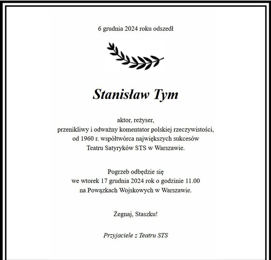 Stanisław Tym - nekrolog. Informacje o pogrzebie