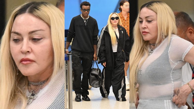 Opuchnięta Madonna maszeruje z synem po lotnisku, ciągnąc po ziemi za długie dresy (ZDJĘCIA)