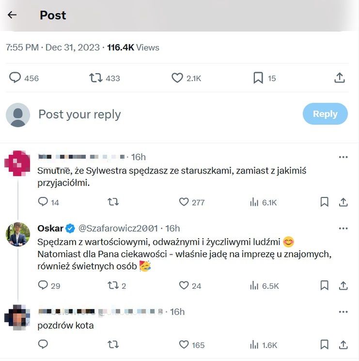 Oskar Szafarowicz odpowiedział na złośliwą uwagę internauty