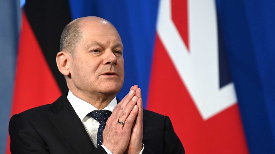 Olaf Scholz, Germany's chancellor, gestures during a joint news conference following his bilateral meeting with Boris Johnson, U.K. prime minister, in London, U.K., on Friday, April 8, 2022. Germany and Britain vowed to send Ukraine more weapons and work together to put pressure on Russian President Vladimir Putin, downplaying differences over imposing tougher sanctions on Moscow. Photographer: Neil Hall/EPA/Bloomberg via Getty Images