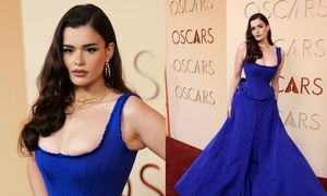 Oscary 2026. Barbie Ferreira zaprezentowała MOCNO ODCHUDZONĄ sylwetkę w niebieskiej sukni z dekoltem (ZDJĘCIA)