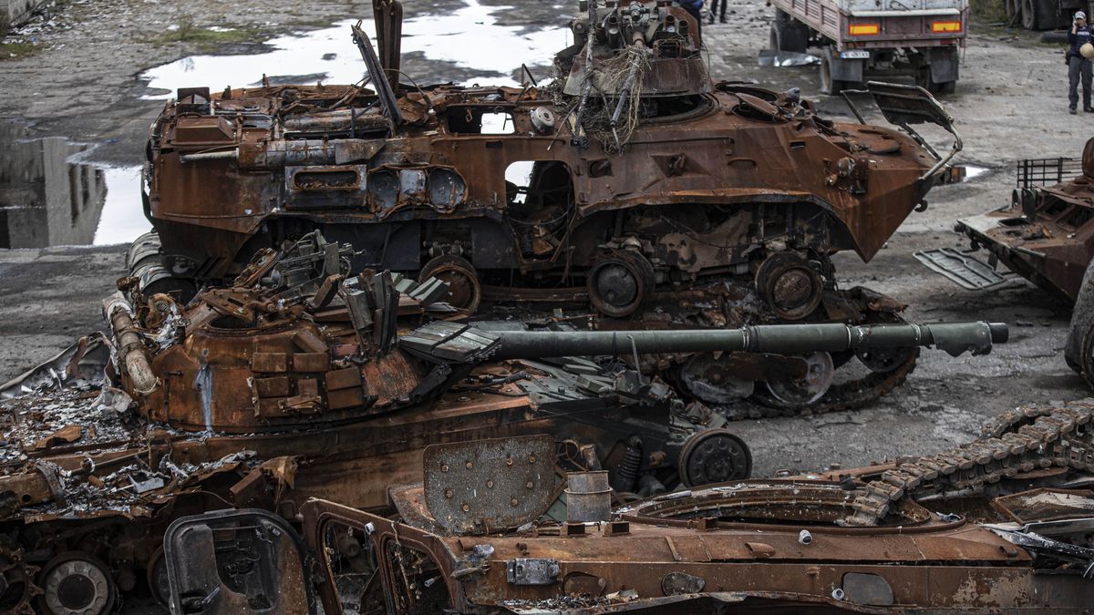 LYMAN, UKRAINE - OCTOBER 05: A view of destroyed armored vehicles and tanks belonging to Russian forces after Russian forces withdrawn from the city of Lyman in the Donetsk region (Donetsk Oblast), Ukraine on October 05, 202. Russian troops withdrawn from Krasny Port due to threat of siege as Kyiv had said that thousands of Russian soldiers were encircled by Ukrainian forces in the city of Lyman in the Donetsk region. (Photo by Metin Aktas/Anadolu Agency via Getty Images)