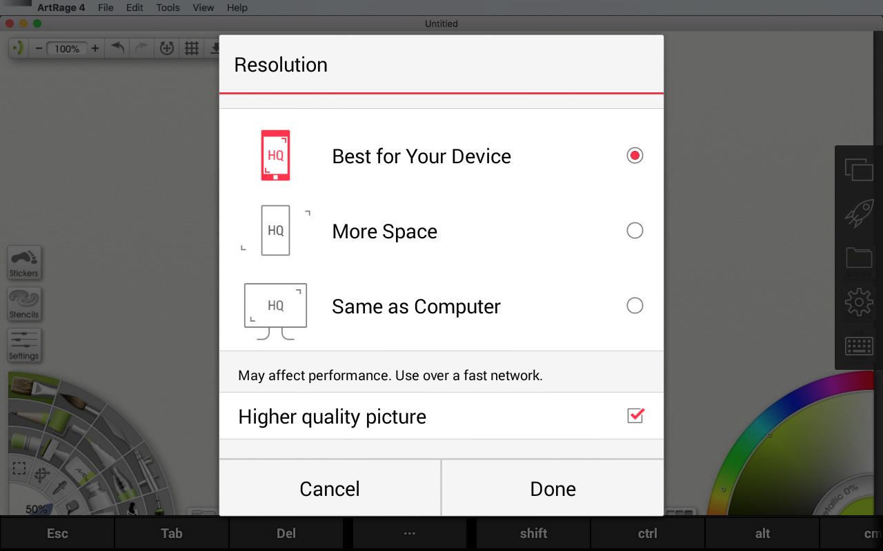 Ustawienia jakości, w tle ArtRage z OS X