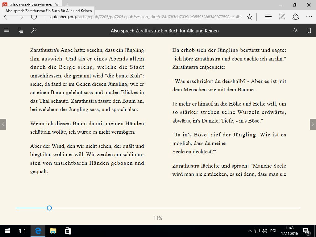 EPUB z Tako rzecze Zaratustra bezpośrednio w przeglądarce Edge