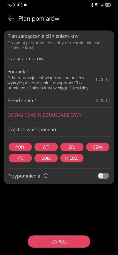 Przypomnienia o pomiarach dla ciśnienia krwi i EKG