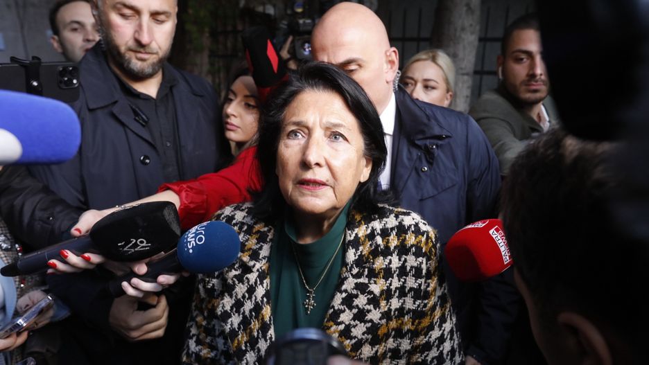 TBILISI, GEORGIA - OCTOBER 26: Georgian President Salome Zurabishvili speaks to the press after voting at a polling station during the parliamentary elections in Tbilisi, Georgia on October 26, 2024. (Photo by Mirian Meladze/Anadolu via Getty Images)