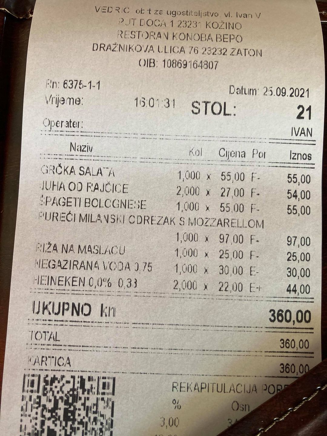 Rachunek z chorwackiej restauracji