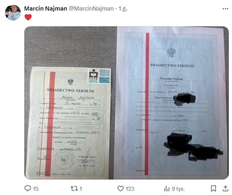 Marcin Najman pokazał świadectwo swoje i córki