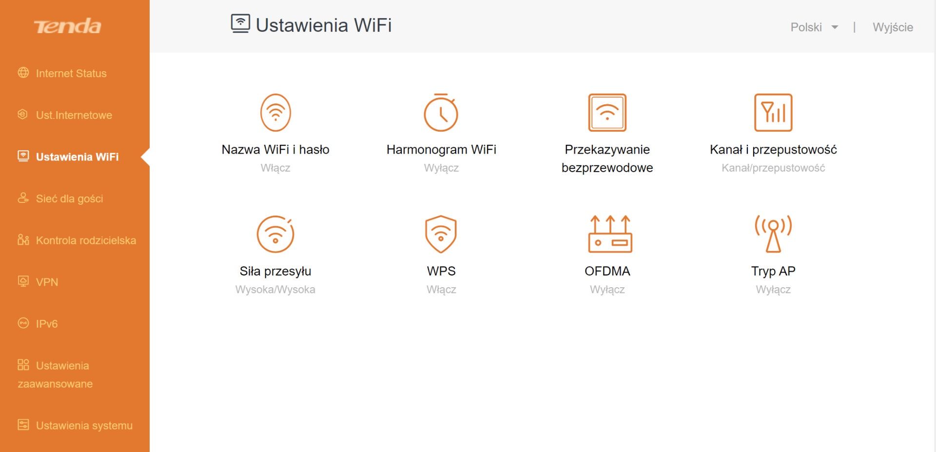 Tenda RX9 Pro - panel w przeglądarce