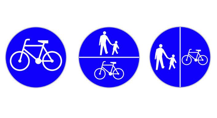 Od lewej: ścieżka rowerowa i dwa oznaczenia ciągu pieszo-rowerowego. Ostatni znak wyznacza podział, po której stronie powinny poruszać się rowery, a po której piesi