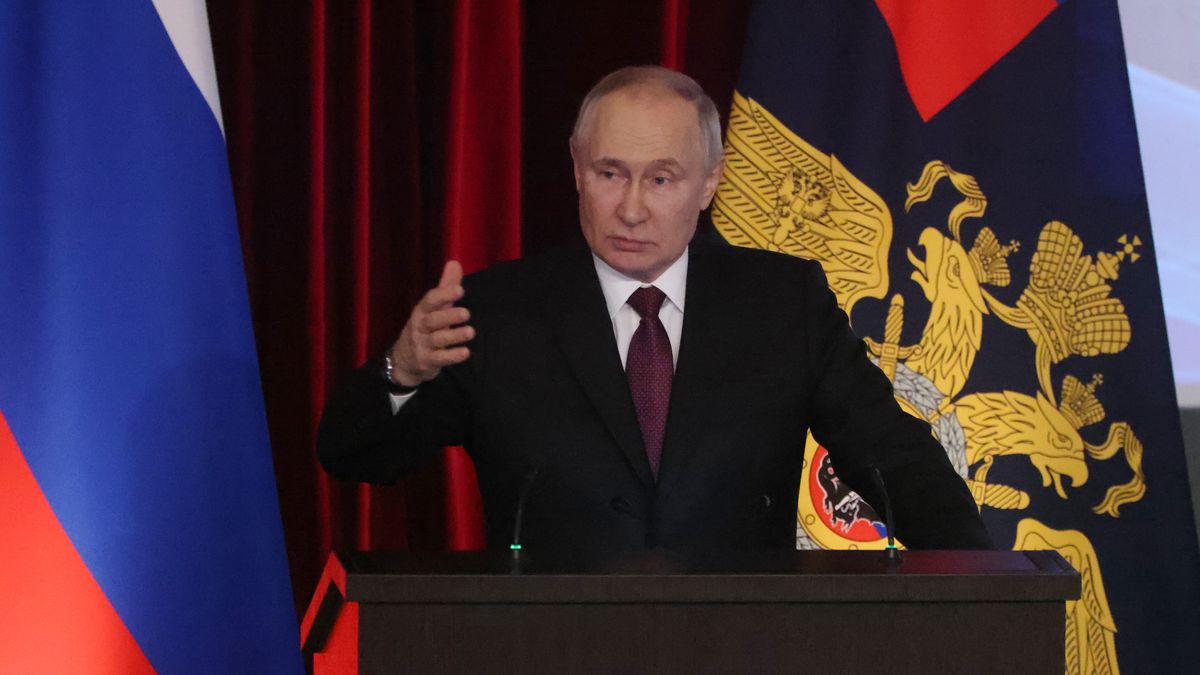 MOSCOW, RUSSIA - MARCH 20: (RUSSIA OUT) Russian President Vladimir Putin gestures during the Expanded Board Meeting at the Interior Ministry on March 20, 2023, in Moscow, Russia. Putin delivered an annual speech to top officers of the Interior Ministry and urged to stop illegal street actions and the spread of "extremist ideology". (Photo by Contributor/Getty Images)