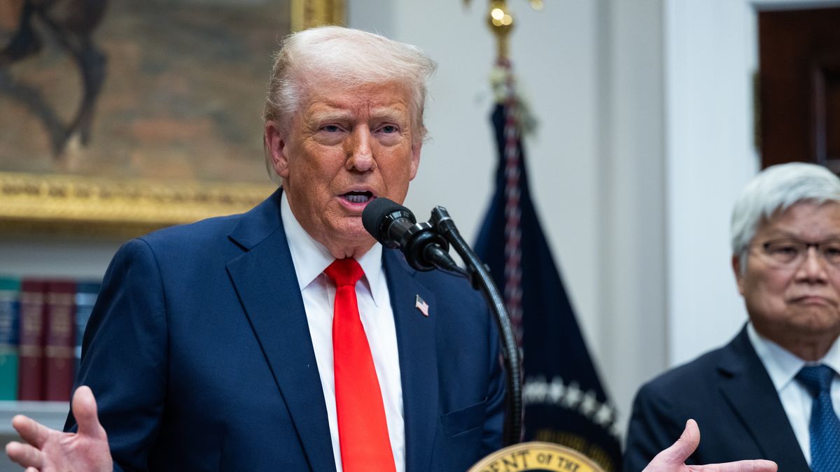 WASHINGTON, DC - MARCH 3: President Donald Trump  holds a press conference with TSMC CEO C.C. Wei to announce that Taiwan Semiconductor Manufacturing Company (TSMC) plans to invest $100 billion in new manufacturing facilities in the United States in the Roosevelt Room of the White House on March 3, 2025 in Washington, DC. President Trump was also joined by United States Secretary of Commerce Howard Lutnick and White House AI and Crypto Czar David Sacks. (Photo by Annabelle Gordon for The Washington Post via Getty Images)