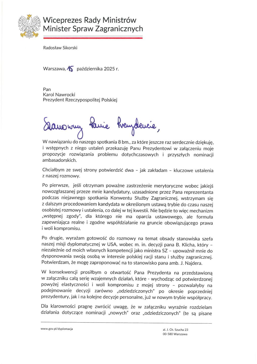 Lis Radosława Sikorskiego do prezydenta