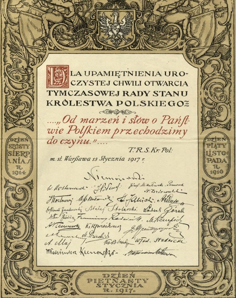 Ulotka z 1917 roku upamiętniająca utworzenie Tymczasowej Rady Stanu 
