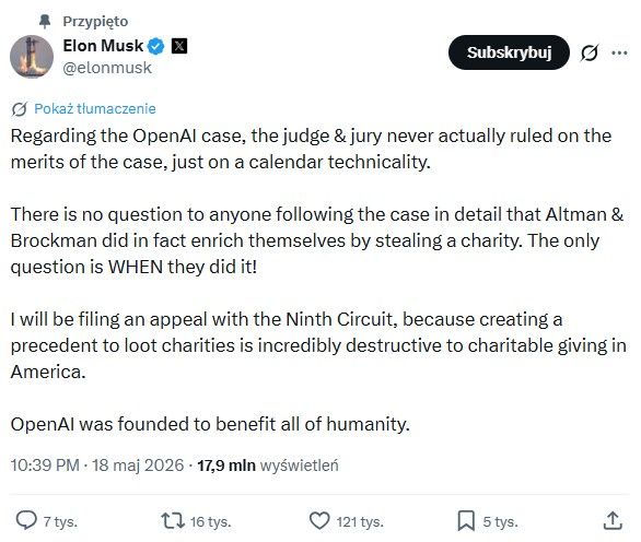Elon Musk wyraża opinię po sporze z OpenAI