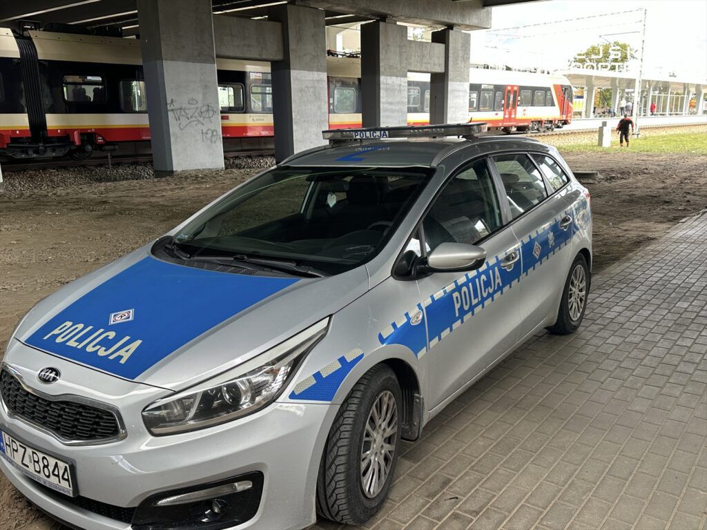 Policyjny samochód zaparkowany pod wiaduktem kolejowym, w tle widoczny pociąg na stacji.