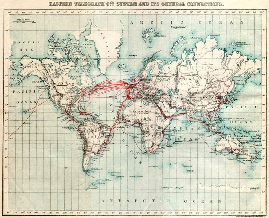 Sieć linii telegraficznych firmy Eastern Telegraph w 1901 roku (Fot. Wikimedia Commons)