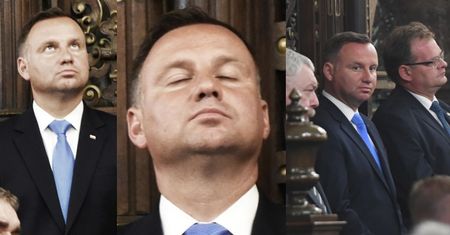 Opalony i zadumany Andrzej Duda robi miny na Wawelu. Zasnął na mszy? (ZDJĘCIA)