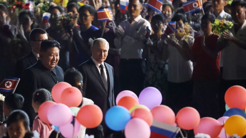 PYONGYANG, NORTH KOREA- JUNE 19 (RUSSIA OUT) Russia's President Vladimir Putin (R) and North Korean Supreme Leader Kim Jong Un (L) attend a departure ceremony at the airport after Russian-North Korean talks,  June 19, 2024, in Pyongyang, North Korea. Russian President Vladimir Putin is in North Korea for a two-day diplomatic visit. (Photo by Contributor/Getty Images)