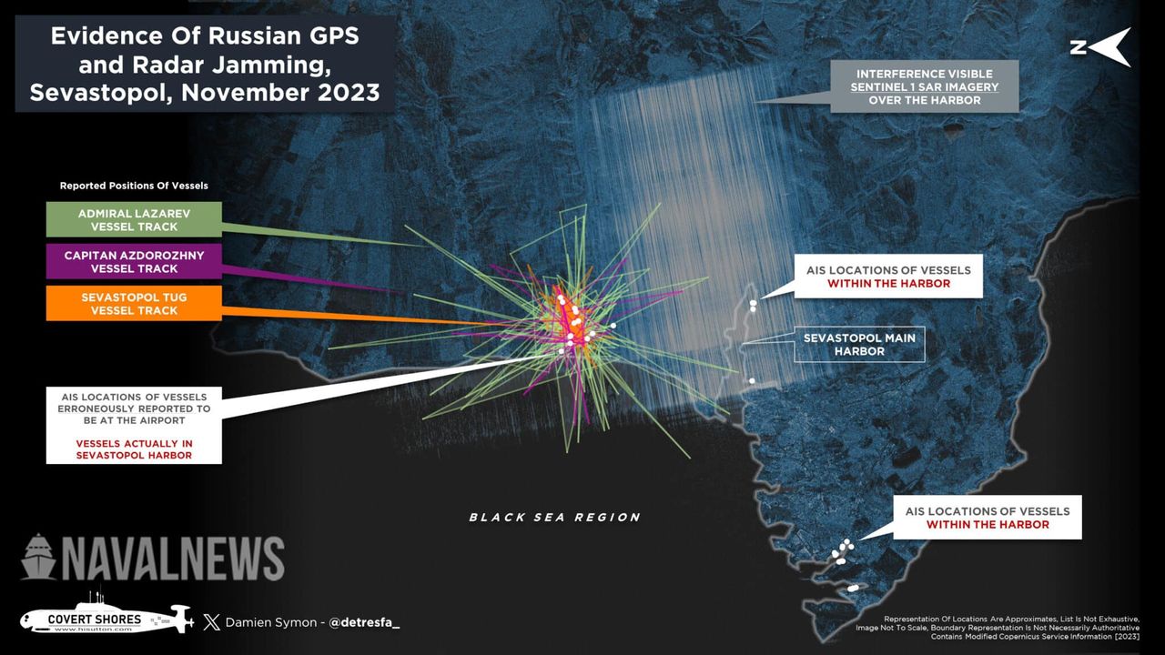 Mapa z obszarem zakłóceń radarowych i błędnymi lokalizacjami podawanymi przez AIS