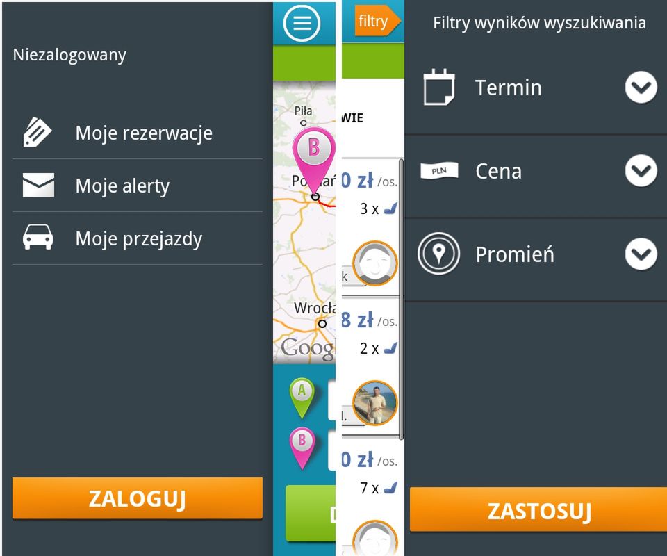 Zrzuty ekranu aplikacji Otodojazd.pl