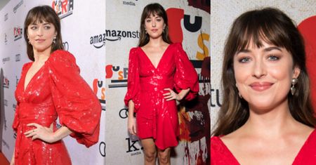 Promienna Dakota Johnson olśniewa w czerwonej sukience Celine