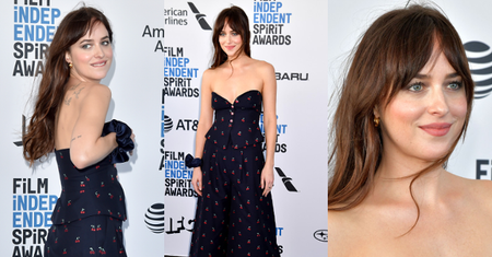 Naturalna Dakota Johnson pozuje fotografom w kombinezonie Gucci