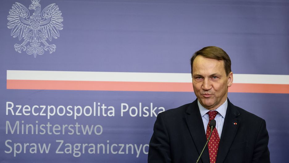 WARSAW, MAZOWIECKIE, POLAND - 2024/02/05: Minister of Foreign Affairs of Poland, Radoslaw Sikorski speaks during a bilateral press conference with the High Representative of the European Union for Foreign Affairs and Security Policy in the Ministry of Foreign Affairs in Warsaw. Radoslaw Sikorski and Josep Borrell meet to discuss foreign and security policy priorities, from Ukraine to the Middle East. (Photo by Dominika Zarzycka/SOPA Images/LightRocket via Getty Images)