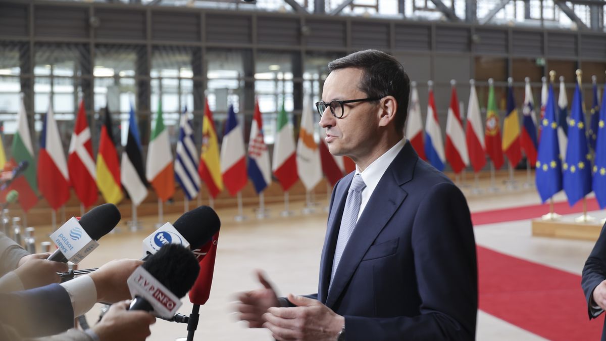 Prime Minister of Poland Mateusz Morawiecki talks to the media at a standup doorstep media press briefing after the end of the 2-day European Council summit. The Polish PM does a statement, talks about the meeting with the EU leaders and heads of states at the headquarters of the European Union and answers questions from journalists. EUCO in Brussels, Belgium on 24 March 2023  (Photo by Nicolas Economou/NurPhoto via Getty Images)
