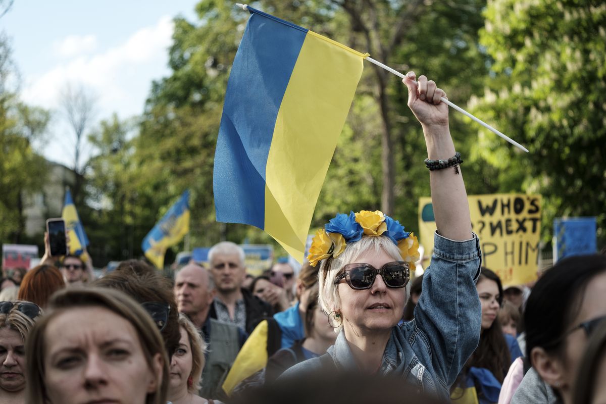 Pro-Ukrainian demonstration in Warsaw, Poland, on May 8, 2022. Ukrainians and Poles marched through Warsaw on May 8th - a traditional ''victory day'' ending WW2. Protesters called Western Europe for more actions, for more efforts in arming Ukraine and stopping Russian invasion. The march ended at Russian Embassy. (Photo by Piotr Lapinski/NurPhoto via Getty Images)