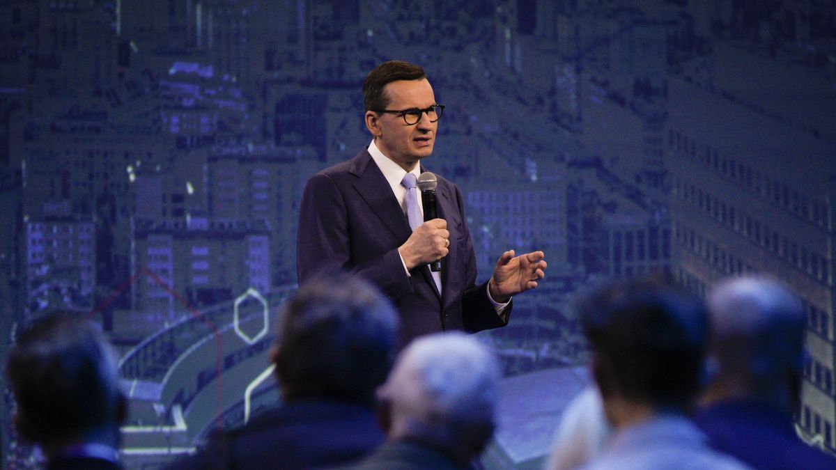 Polish Prime Minister Mateusz Morawiecki is seen at the Law and Justice party conference on 13 May, 2023 in Warsaw, Poland. (Photo by Jaap Arriens/NurPhoto via Getty Images)