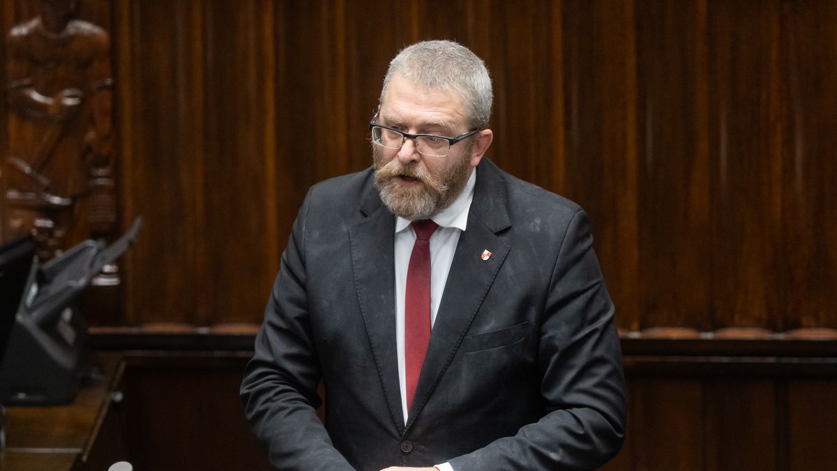 Grzegorz Braun is participating in the parliamentary debate on the appointment of Donald Tusk's government in Warsaw, Poland, on December 12, 2023. (Photo by Foto Olimpik/NurPhoto via Getty Images)