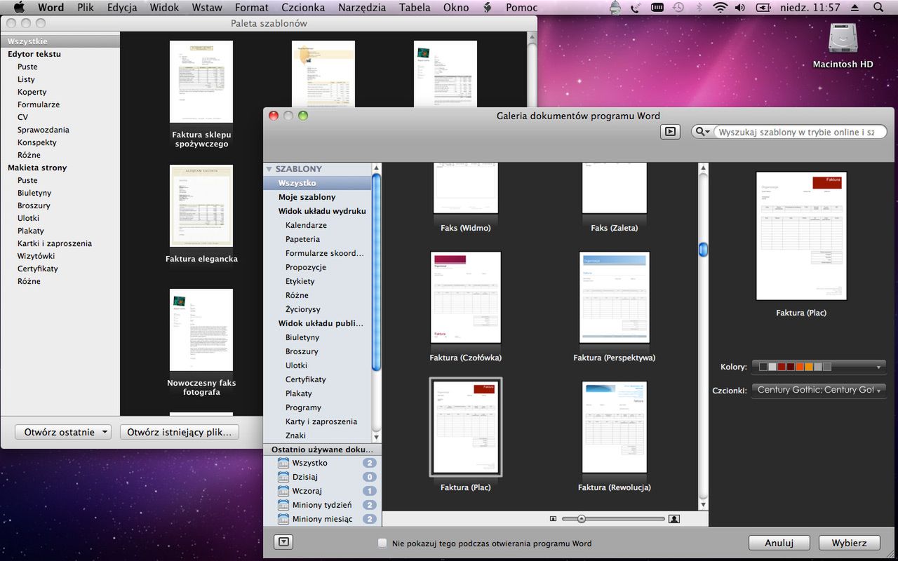 Lista szablonów, w tle Apple Pages