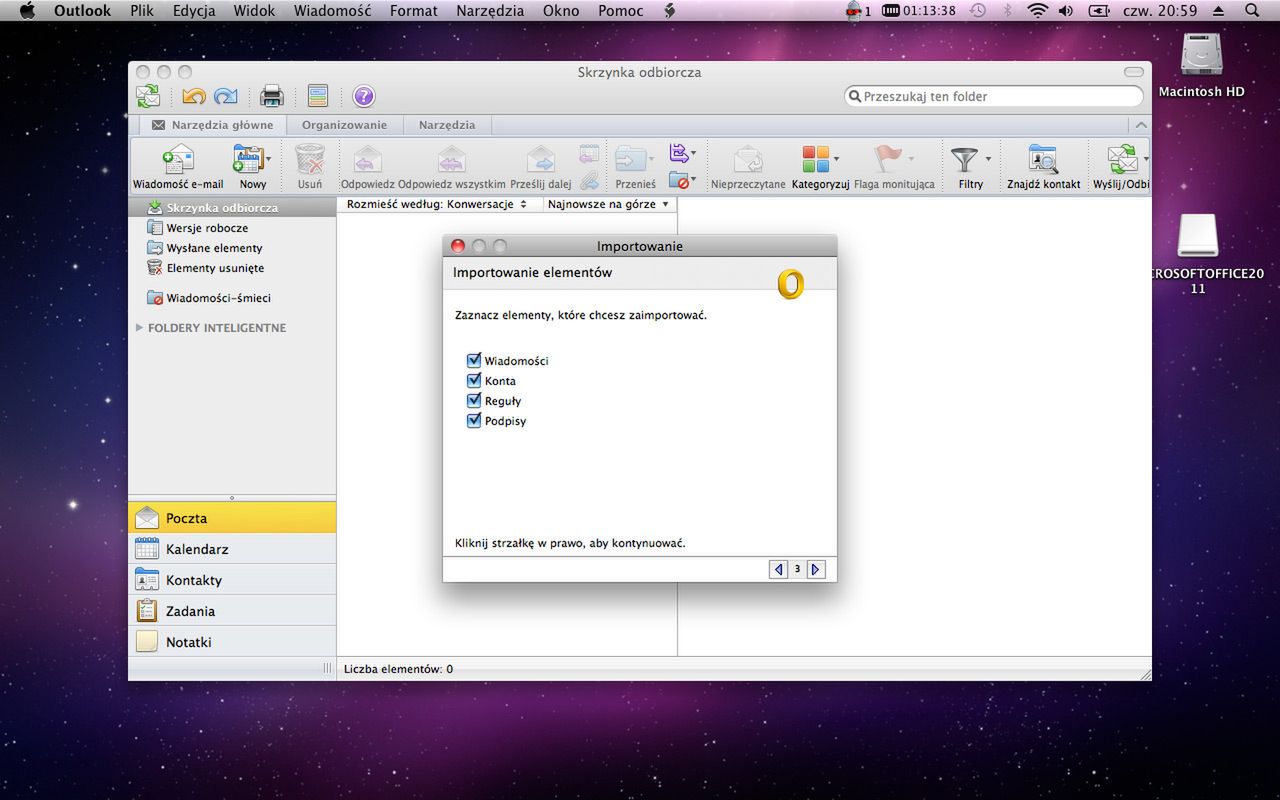 Import kont pocztowych, reguł, podpisów i wiadomości