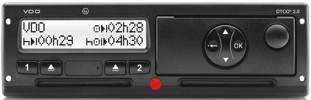 Tachograf cyfrowy - te wyposażone są w ekrany wyświetlające czasy, wejścia na karty kierowców oraz drukarkę