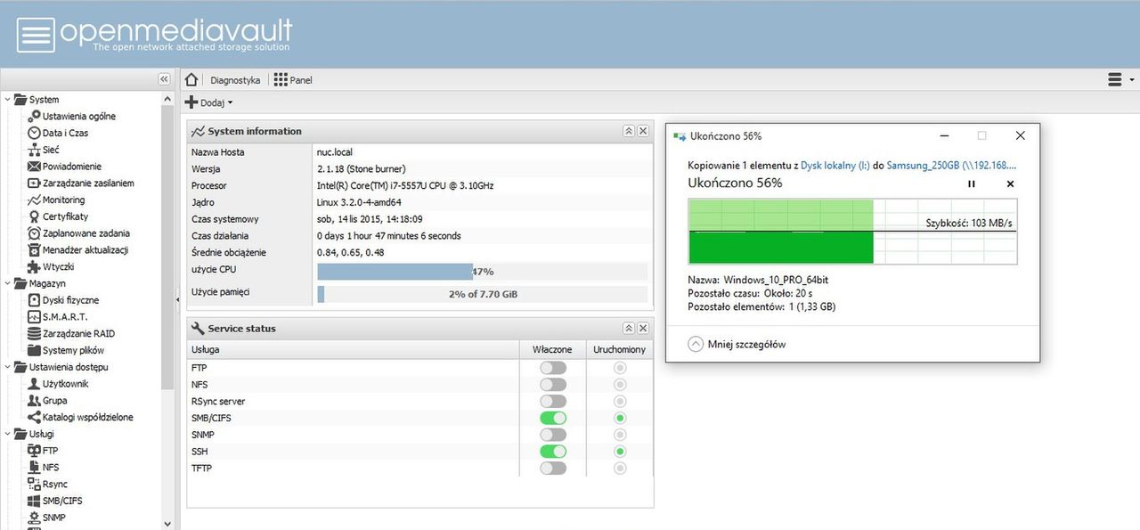 Upload - Jak widać transfer utrzymuję się na stabilnym poziomie 100 MB/s a obciążenie procesora to niecałe 50%