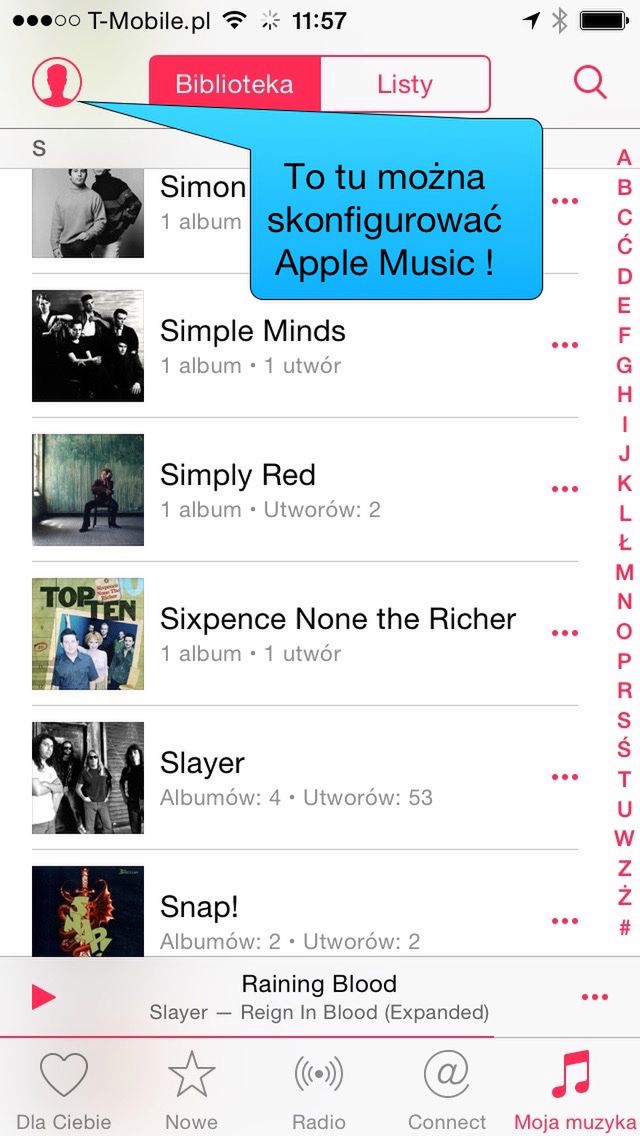Apple Music konfigurujemy w małej ikonce umiejscowionej w lewym, górnym rogu.