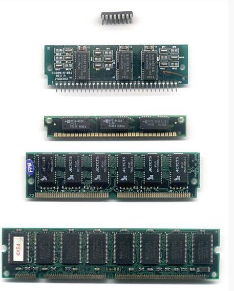 Pierwsze 4 rodzaje pamięci RAM dostępne w komputerach klasy PC, czyli DIP, SIPP, SIMM (2 rodzaje) oraz SDRAM.