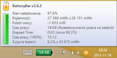 świeżo naładowana bateria pokazuje na początku 14-15 godzin pracy !