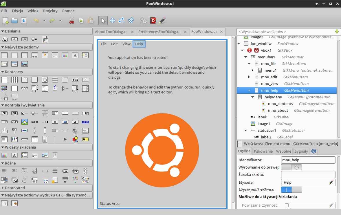 Interface projketu stworzonego w Quickly edytowany w Glade