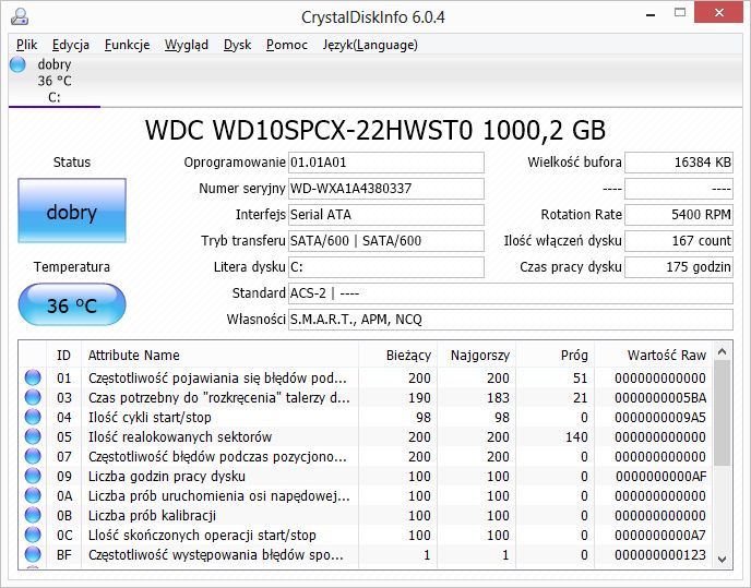 Zrzut ekranu CrystalDiskInfo dla Acer Aspire V5-573PG